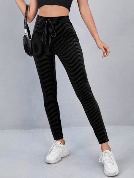 

tie waisted rib-knit velvet pants k52j#, Black;white