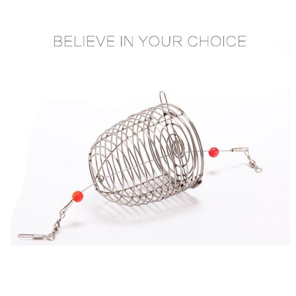 

fishing lure trap cage round bottom spring lidded stainless steel bite proof wire bait feeder basket holder metal + hooks