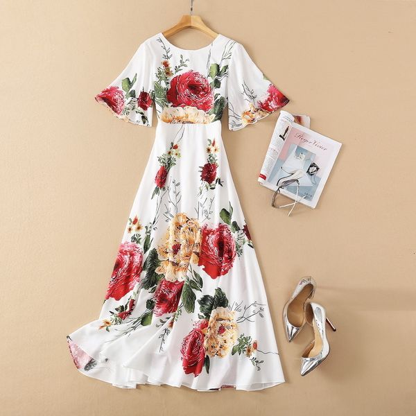 

dresses european and american women's clothing spring 2021 five point flared sleeve peony flower print fashion white dress qx2i, Black;gray