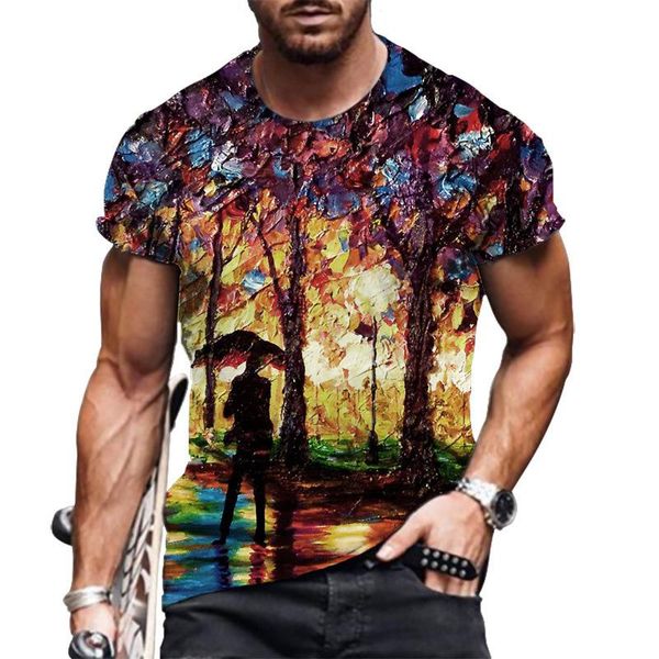 

men's t-shirts 2021 summer large size oil painting image 3d digital printing loose t-shirt pullover round neck short-sleeved, White;black