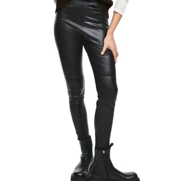 

women's pants & capris 2021 autumn women motorcycle faux leather elastic high waist black pencil lady biker skinny street pu trousers c, Black;white