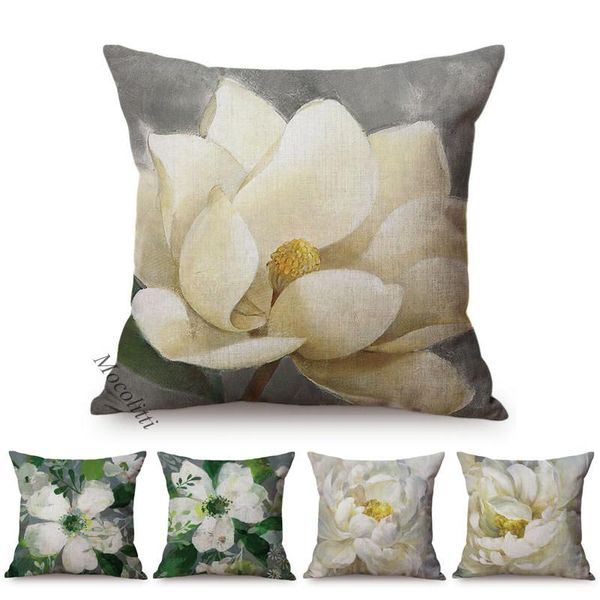 Almofada/travesseiro decorativo Flores brancas pintura a óleo arte anêmona peony magnolia Blossom Design Spring Garden Garden Decorativo Cober