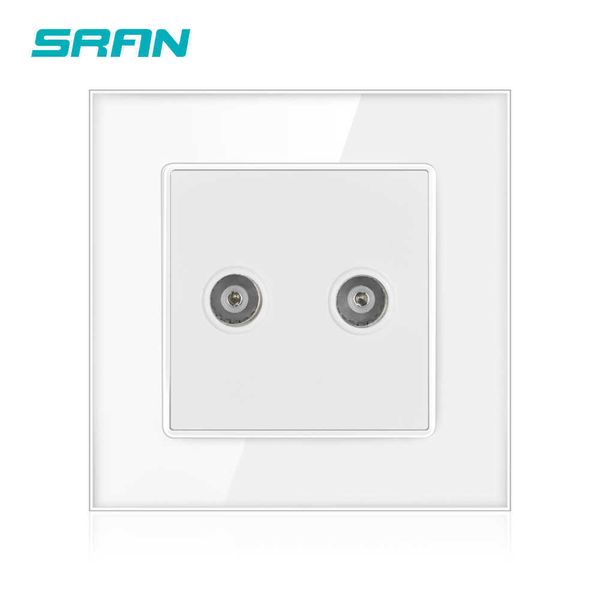 

sran wholesale wall double tv socket interface crystal glass panel 86*86 2 gang television outlet white/black/gold a601-070