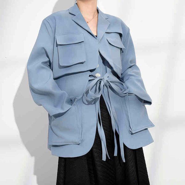 

[eam] women blue pocket bandage big size blazer new lapel long sleeve loose fit jacket fashion tide spring autumn 1t66105 201009, White;black