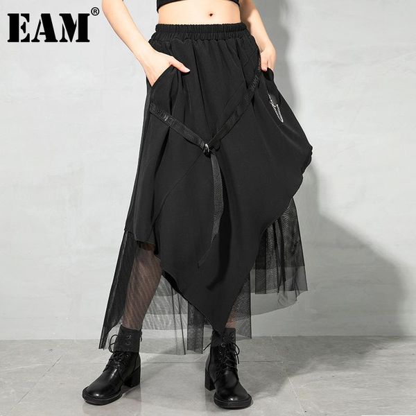 

[eam] mesh irregular buckle ribbon black high elastic waist half-body skirt women fashion tide spring autumn 2021 1dd4754 skirts