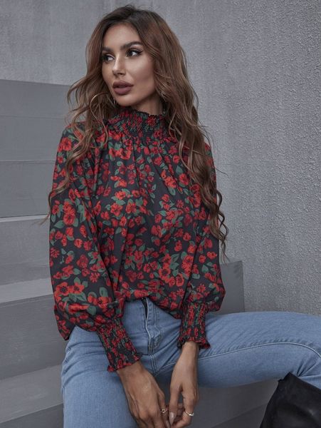 

floral print shirred frill neck lantern sleeve blouse o5a1#, White