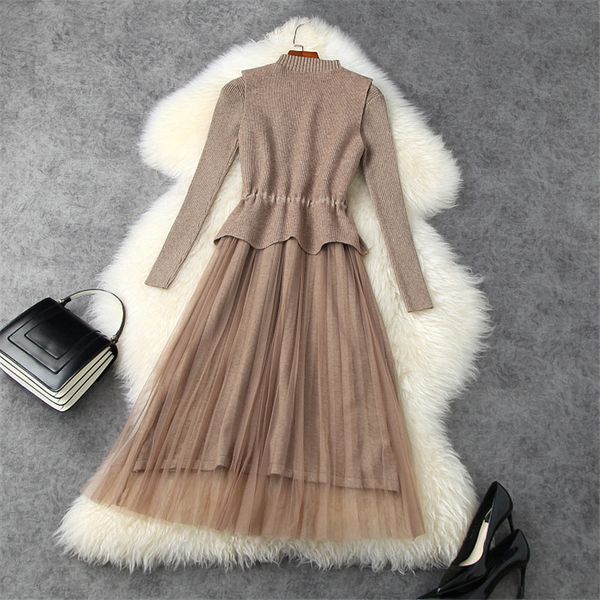 

dress europe fashions autumn winter clothes elegant mesh trimmings tightly knit midi sweater ladies'dresses femme robe, Black;gray