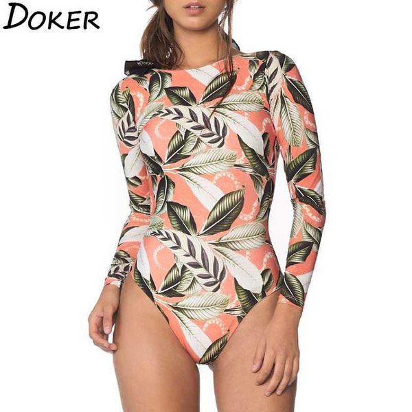 

backless swimsuit leaf print long-sleeve belly cover swimwear women spring high waist bikini 210604, White;black
