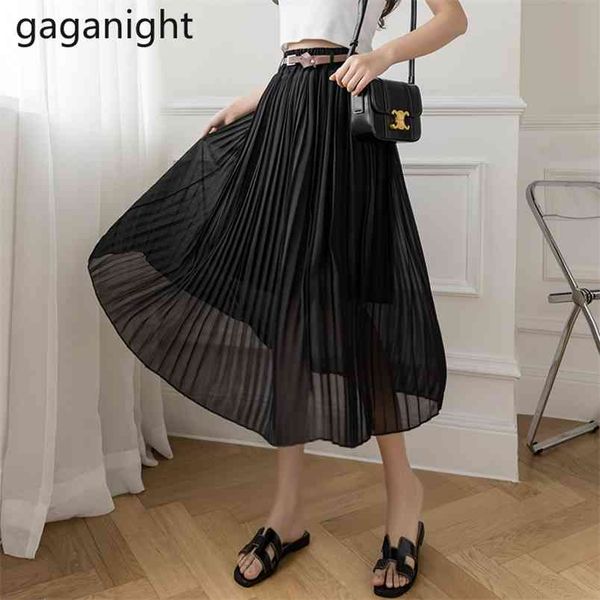

chiffon women long skirt solid a line elastic high waist pleated summer fashion swing japanese skirts plus size 210601, Black