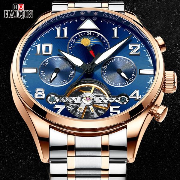 

wristwatches multifunctional haiqin men's watch luxury automatic mechanical waterproof men wristwatch stainless steel tourbillon watche, Slivery;brown