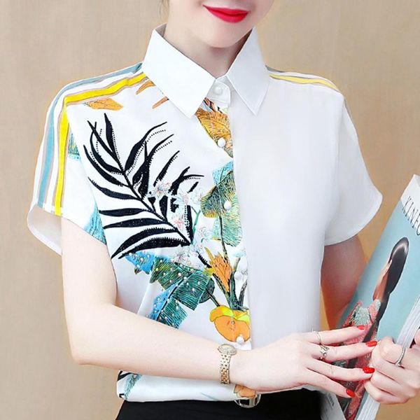 

women's blouses & shirts blusas mujer de moda 2021 blouse women turn down collar print chiffon shirt short sleeve d344, White