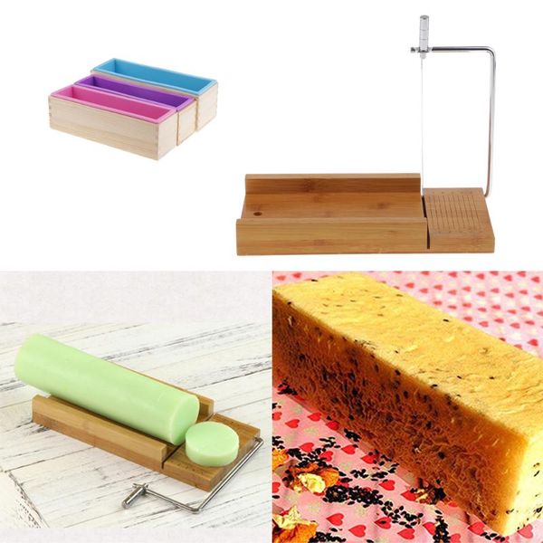 

craft tools 3pcs wooden box, silicone soap loaf mold pink and 1pcs cutter wire slicer, for diy soap/cake/chocolate making