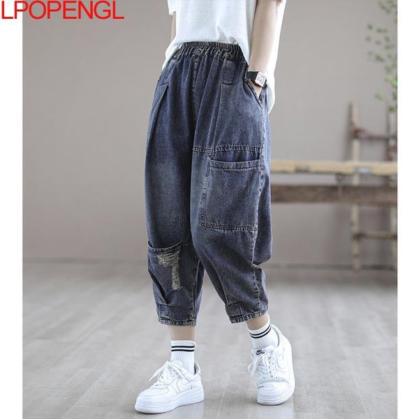 

women's jeans summer thin women 2021 loose denim vintage washed elastic waist frayed harlan cropped boyfriend for woman, Blue