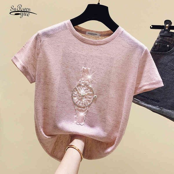

korean fashion clohthing t shirt women summer diamonds short sleeve vintage female t-shirt casul basic tee 9640 210521, White