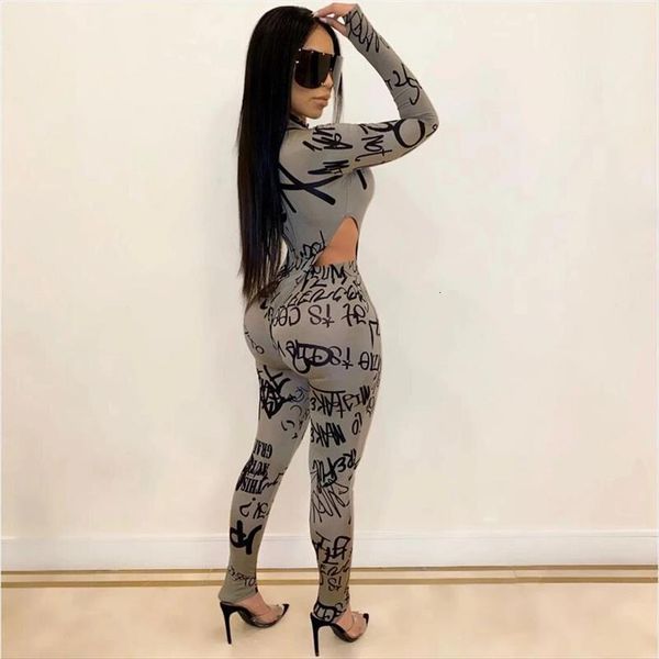 

two piece casual clothes fashion womens pants letter printed long sleeve jumpsuit and elastic high waist trousers plus size, White