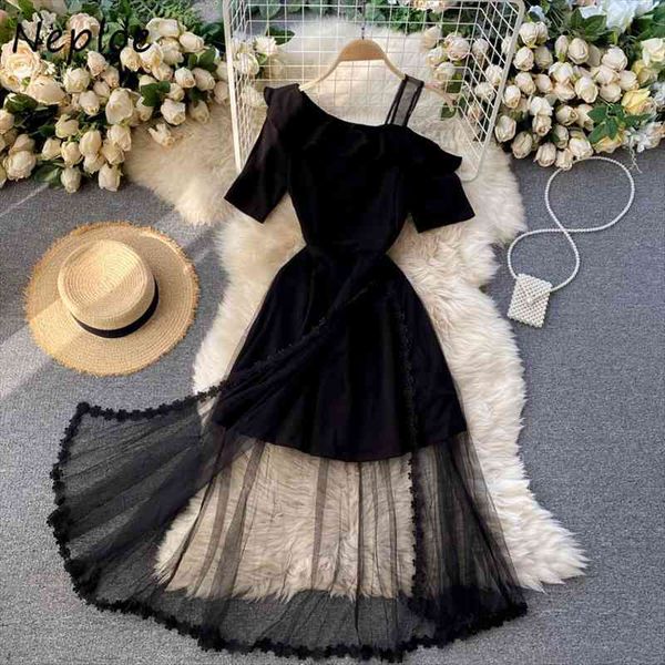 

irregular design shoulder womens dresses strapless high waist hip a line long vestidos mesh patch short sleeve robe, Black;gray