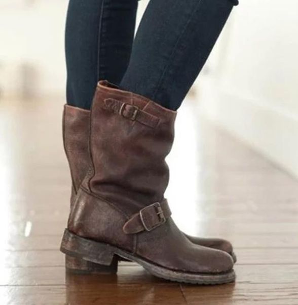 

european and american women's boots, mid-buckle boots, Black