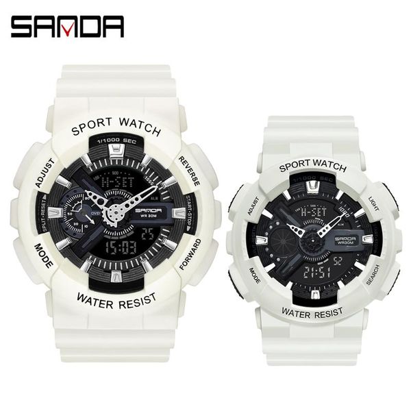 

wristwatches sanda men sports watches dual display analog digital led electronic quartz couples lover waterproof military watch, Slivery;brown