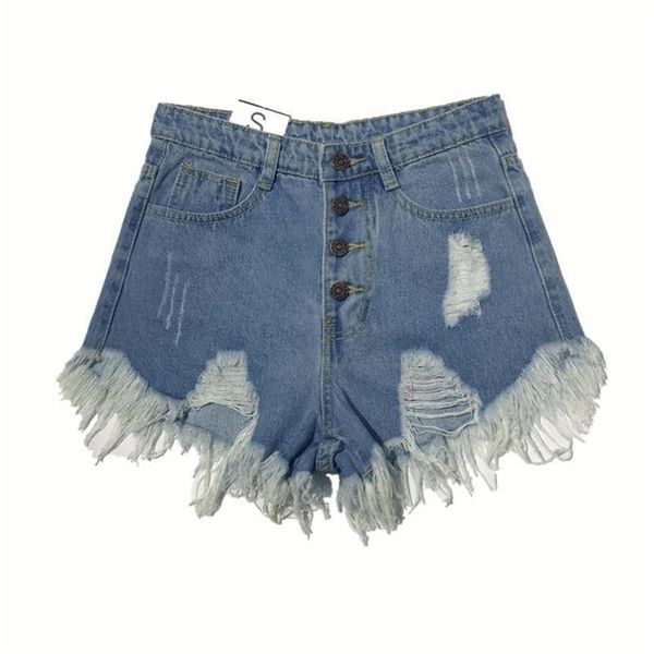 Coréia Moda Verão Mulheres Cintura Alta Botão Sexy Buraco Rippe Jean Shorts Algodão Demin solto Plus Size D212 210512