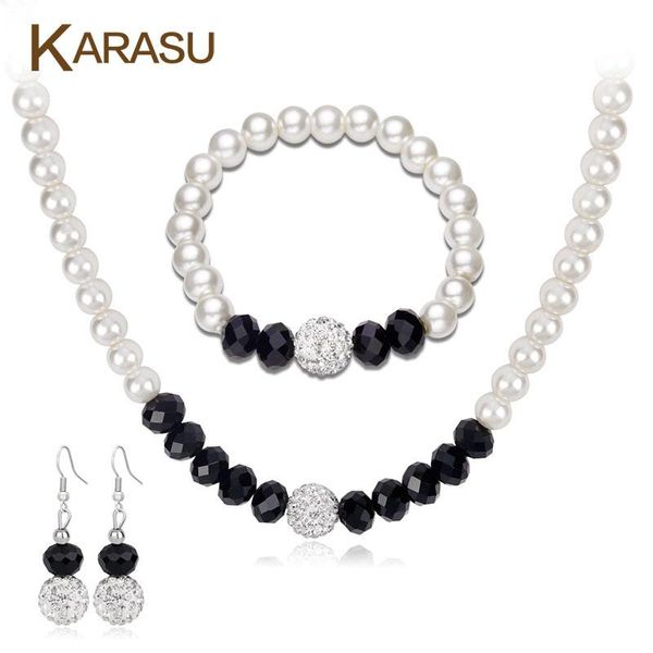 

earrings & necklace fashion simulated pearls bracelet set black big beads jewelry sets for women party, Silver