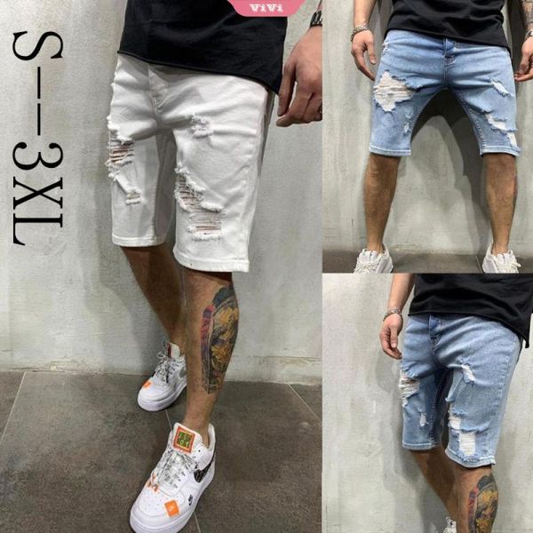 

men's jeans 2021 spring and autumn brand shorts short pants destroyed skinny ripped pant frayed denim, Blue