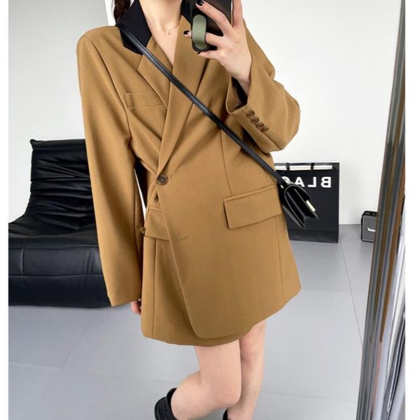 

women's suits & blazers brown oversized blazer women color contrast collar autumn korean loose long sleeve suit coat, White;black