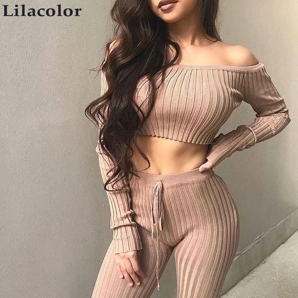 

women's two piece pants off shoulder grey women knitted set crop + long pant 2021 autumn winter party club khaki suit female slim b, White