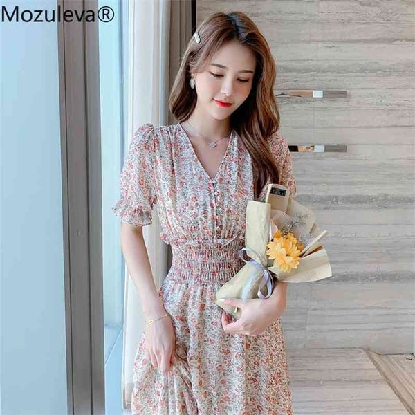 

summer slim waist floral print chiffon women female a-line dress elegant chic lace up midi vestidos femme 210416, White