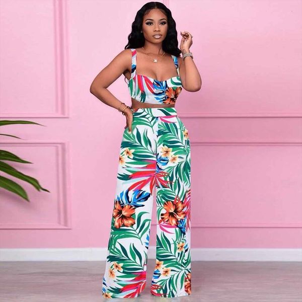 

summer floral leaves print womenpant vacation holiday outfits vintage spaghetti strap crop and loose wide leg pant co ord, White