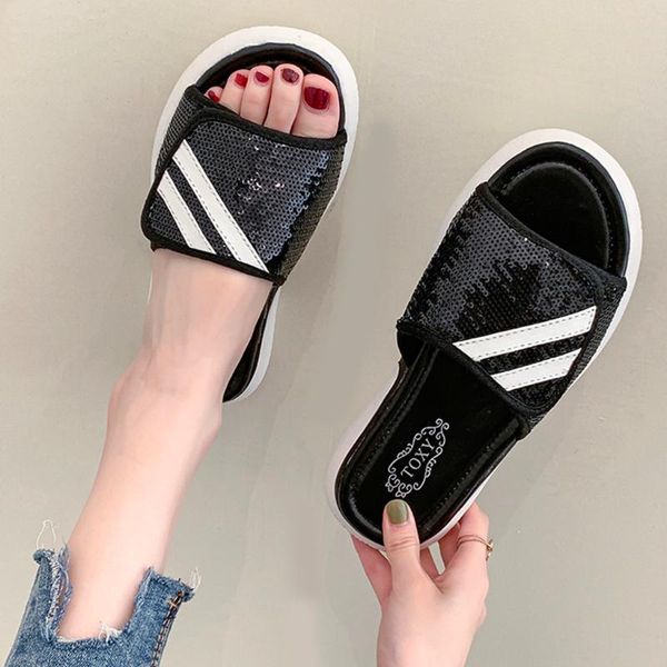 

shoes woman fashion summer cloth sequins mixed colors flat round toe party casual sandals 2021jan20 slippers, Black