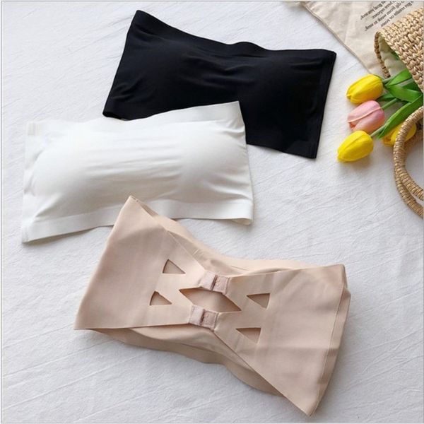 

lingerie girl ice silk waistband strapless breast wrap women's bra one piece underwear bottom gloss vest, Black;pink