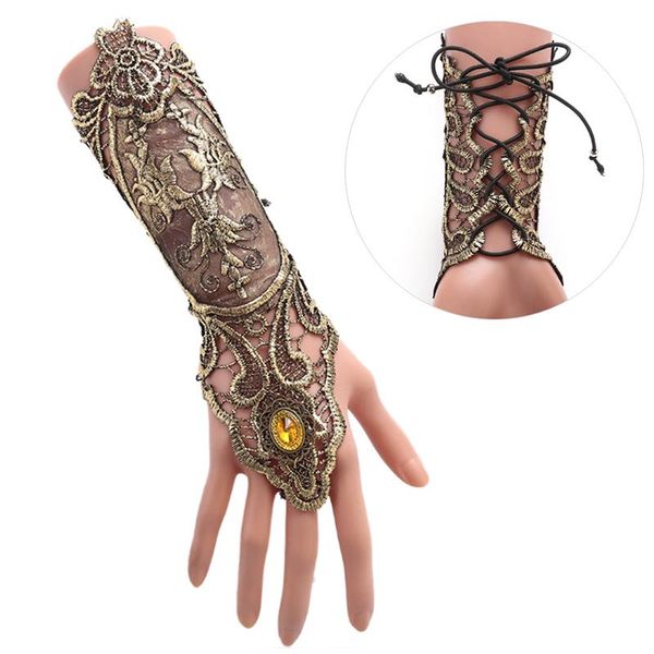 

five fingers gloves women vintage style lace fingerless long hollow-out chain bracelet skid resistant, Blue;gray