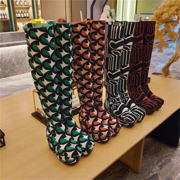 

2021 women jacquard knit platform knee boots fashion woman woolen water platforms boot r ladies thick rubber sole winter booted, Black