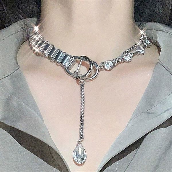 

chokers punk cool girl rhinestone chain metal watchband choker neck ornament collar multi-layer water drop pendant tassel clavicle, Golden;silver