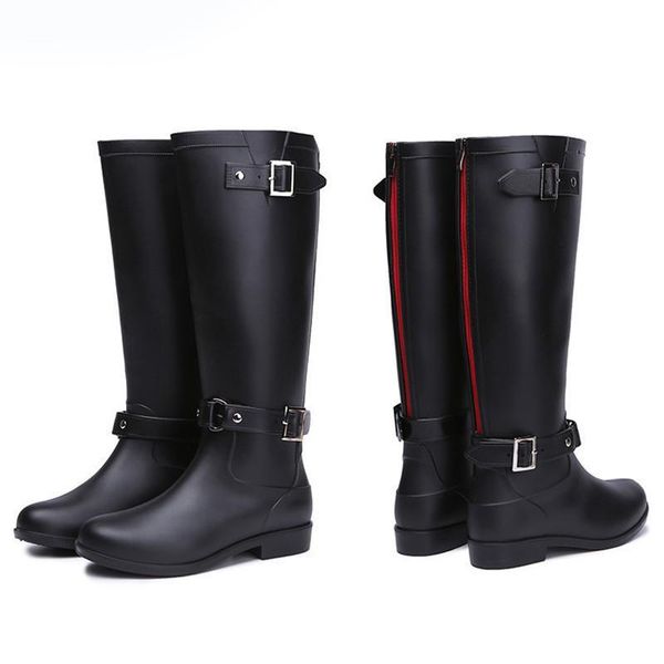 

boots pvc rainboots women tall belt bucket 2021 female black waterproof shoes high rubber thick heel back zipper
