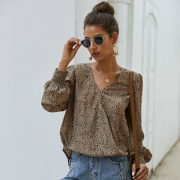 

long sleeve polka dot v neck blouse shirts women casual office ladies elegant blouse autumn winter khaki 210415, White