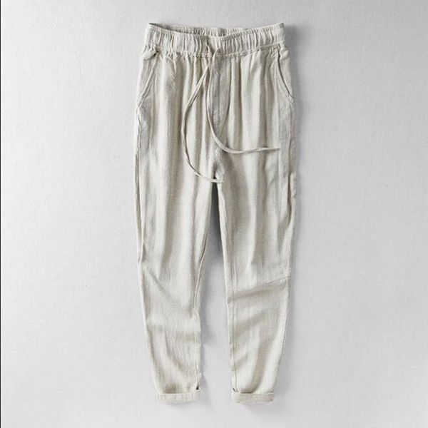 

men casual pants solid baggy loose elastic cotton and linen sweatpants trousers men's, Black