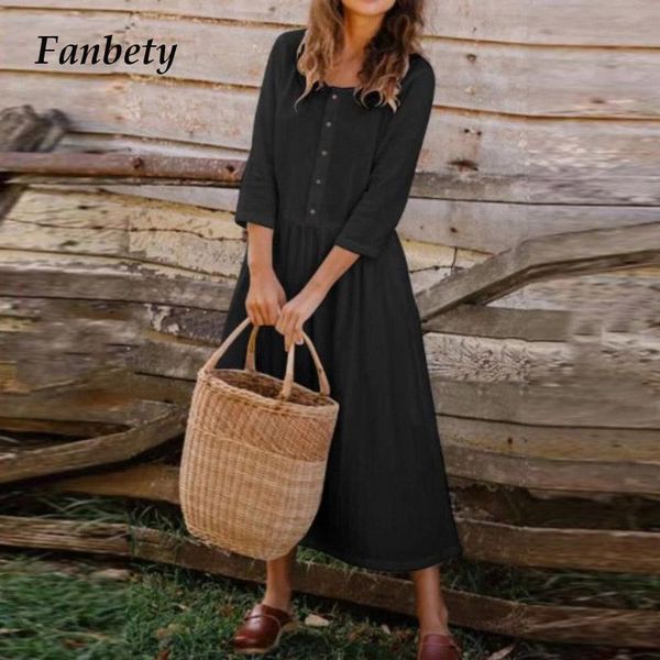 

summer spring women elegant o-neck button long dress vintage casual cotton linen party 2021 female solid loose dresses, Black;gray