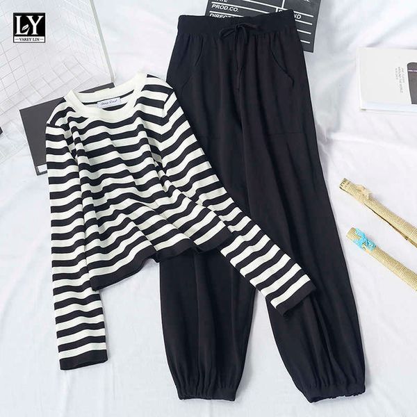 

ly varey lin autumn winter casual knitted women suits striped pullover shirts high waist jogger pants two piece sets 210526, White