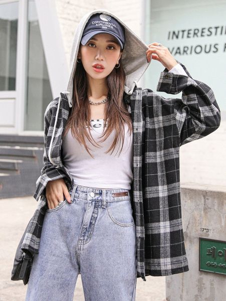 

dazy plaid drop shoulder drawstring hooded overcoat 687q#, Black