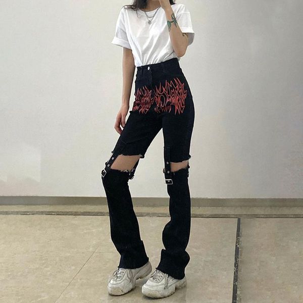 

women's jeans autumn fashion y2k streetwear graphic print denim black straight trousers mom boyfriends high waist pant, Blue