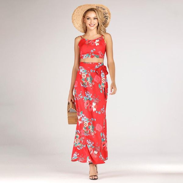 

two piece dress chiffon 2 set women clothing summer 2021 bohemian beach print skirt lace up drawstring ankle-length sleeveless short, White