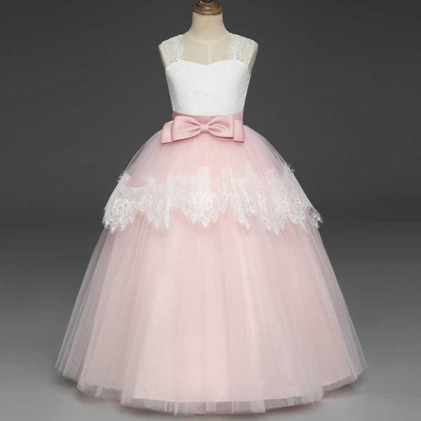 Abiti rosa per bambini per ragazze Tulle Pizzo Flower Girl Dress Party Abito da damigella d'onore Bambini Costume da principessa Abbigliamento da sposa 6 14Y Q0716