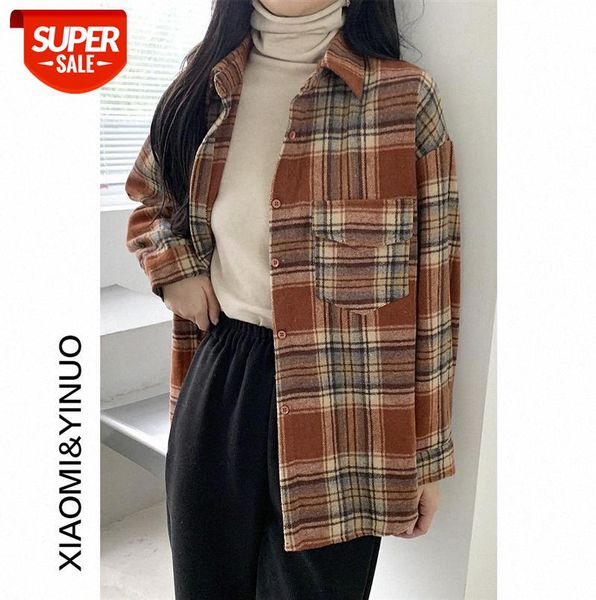 

[ou fan] 7688 woolen plaid shirt jacket women's loose hong kong style long sleeve #9q0o, Black;gray