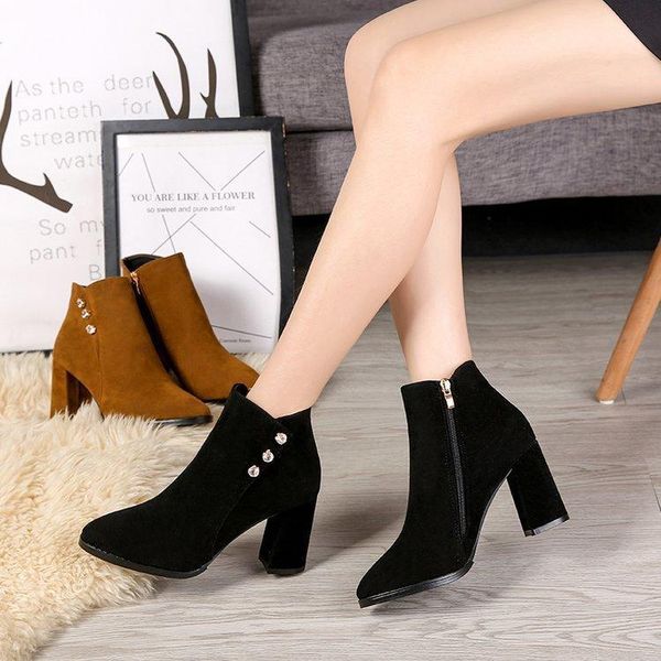 

boots women's winter side zip high heel thick with short plus velvet shoes warm shoeswildboots nl46, Black