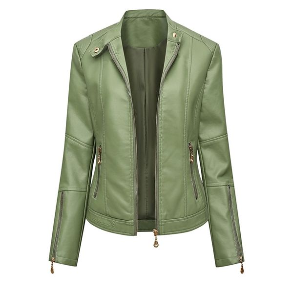 

female ladies leather jacket coat zipper moto thin waist type spring and autumn biker woman black beige grass green red henchiry 211215