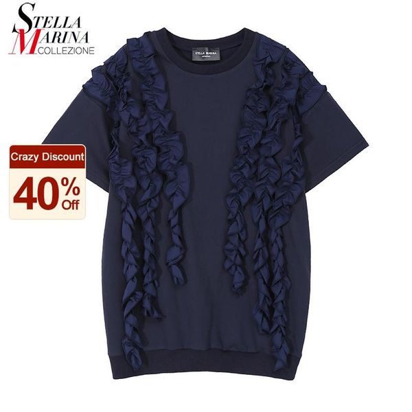 

women's t-shirt 2021 solid black blue korean style woman summer tee ruffles overzied girls cute wear unique 8399, White