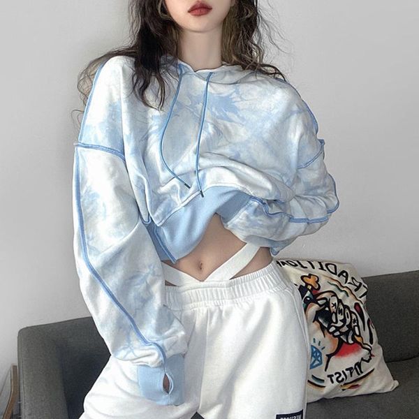 

women's hoodies & sweatshirts regular color block print fall hoodie autumn short loose fashion tie dyed hooded long sleeved open navel, Black