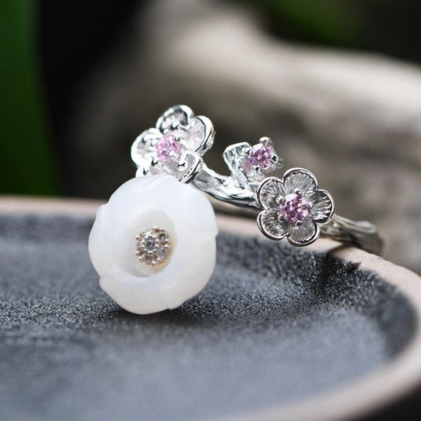 

hetian jade flower ring 925 silver black fashion original s925 sterling rings for women jewelry adjustable size cluster, Golden;silver