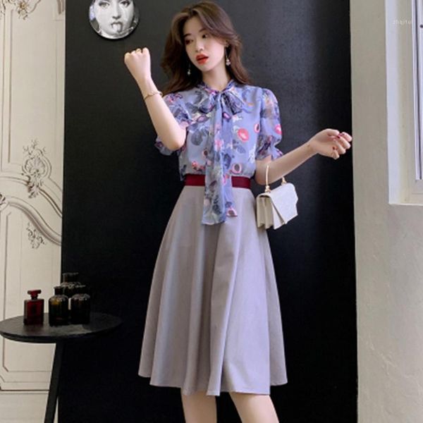 

high-end 2-piece set summer print chiffon lady bow blouses + fashion high waist a-line skirts casual office party suit two piece dress, White